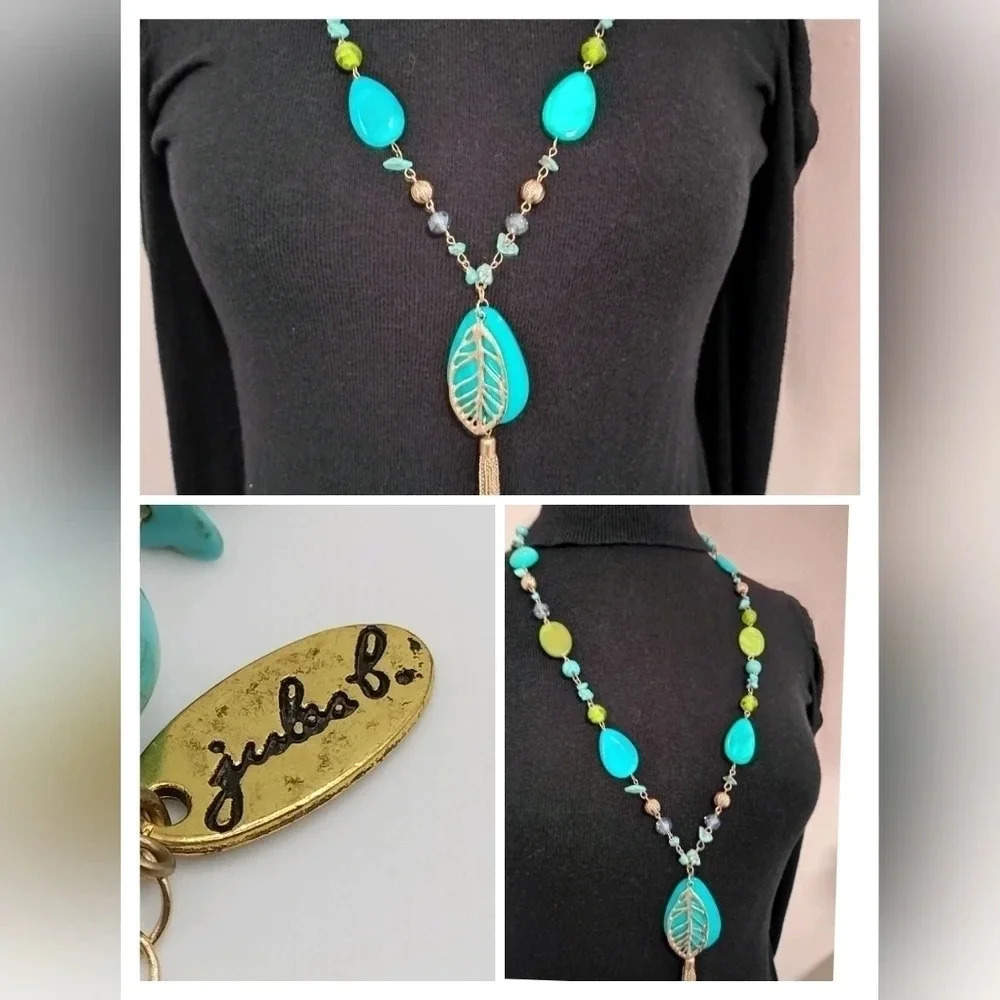 Jules Gold Tone Statement Tassel Necklace Blue and Green Opera Length